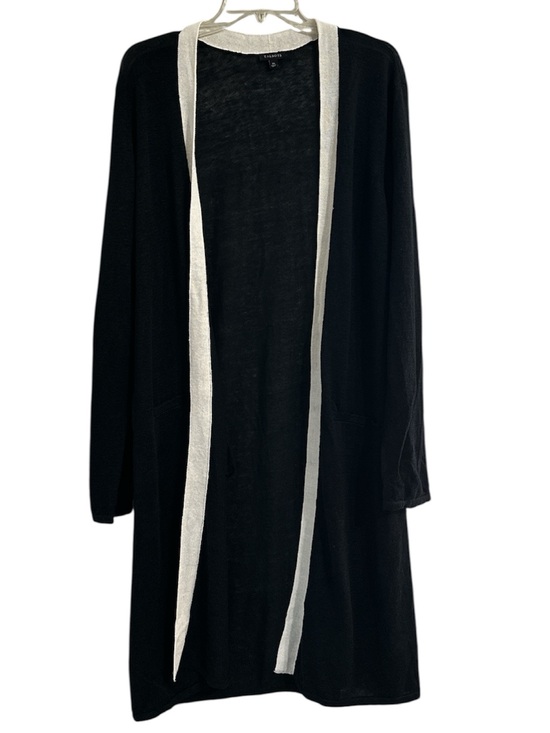 Talbots Sweaters - Talbots Medium Black Ivory Linen Blend Long Line Duster Cardigan Sweater Pockets